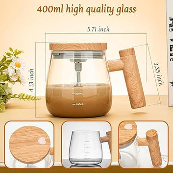 Electric Self Stirring Glass Coffee Mug with Lid & Handle